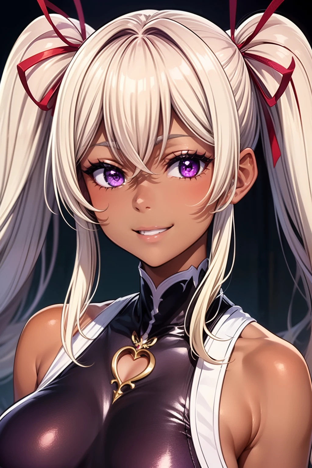 (masterpiece, best quality, ultra-detailed), 1girl, purple eyes, blonde hair, dark skin, twintails, looking at viewer, (portrait shot), ((upper body)), smiling expression, neckline, huge breasts