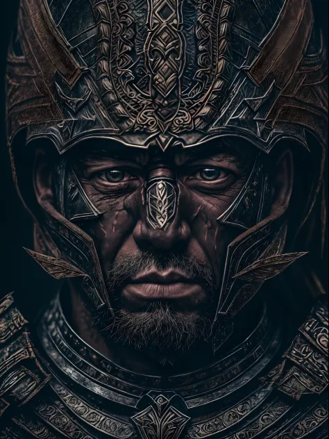 a highly detailed portrait of a man warrior with a scarred face in intricate black plate armor, mysterious dark nature background, high resolution, 4k, 8k