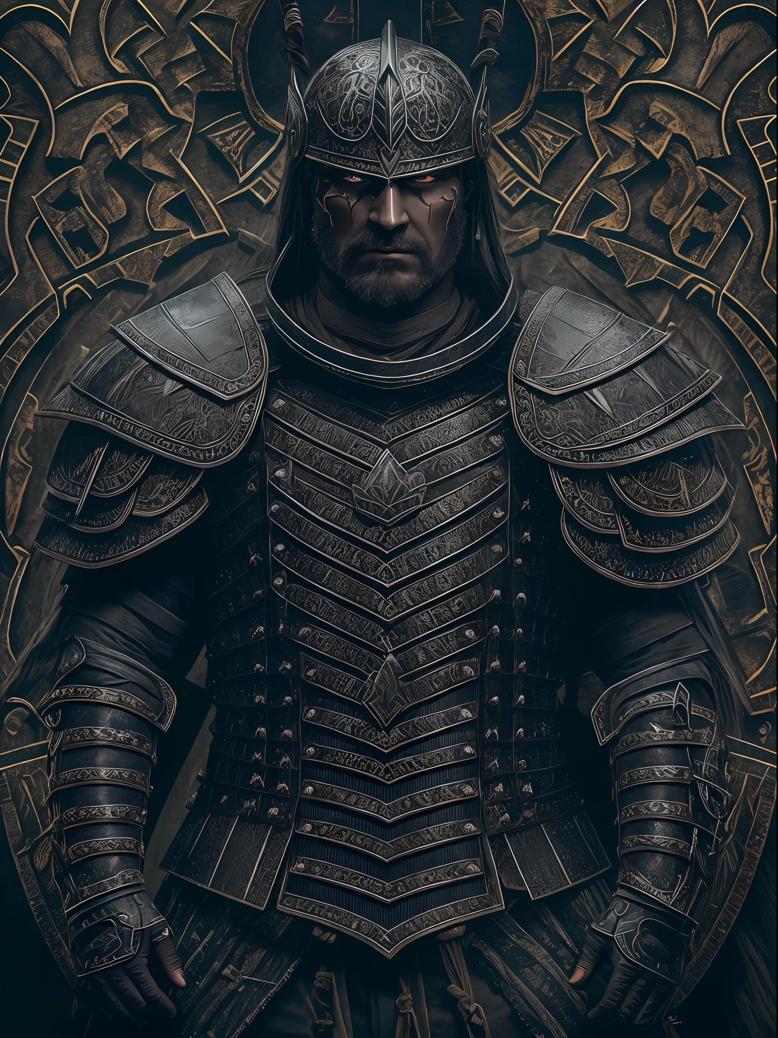 a highly detailed portrait of a man warrior with a scarred face in intricate black plate armor, mysterious dark nature background, high resolution, 4k, 8k