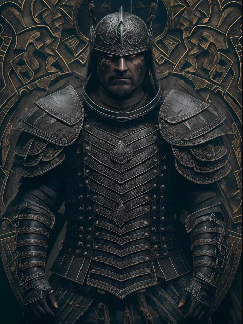 a highly detailed portrait of a man warrior with a scarred face in intricate black plate armor, mysterious dark nature backgroun...