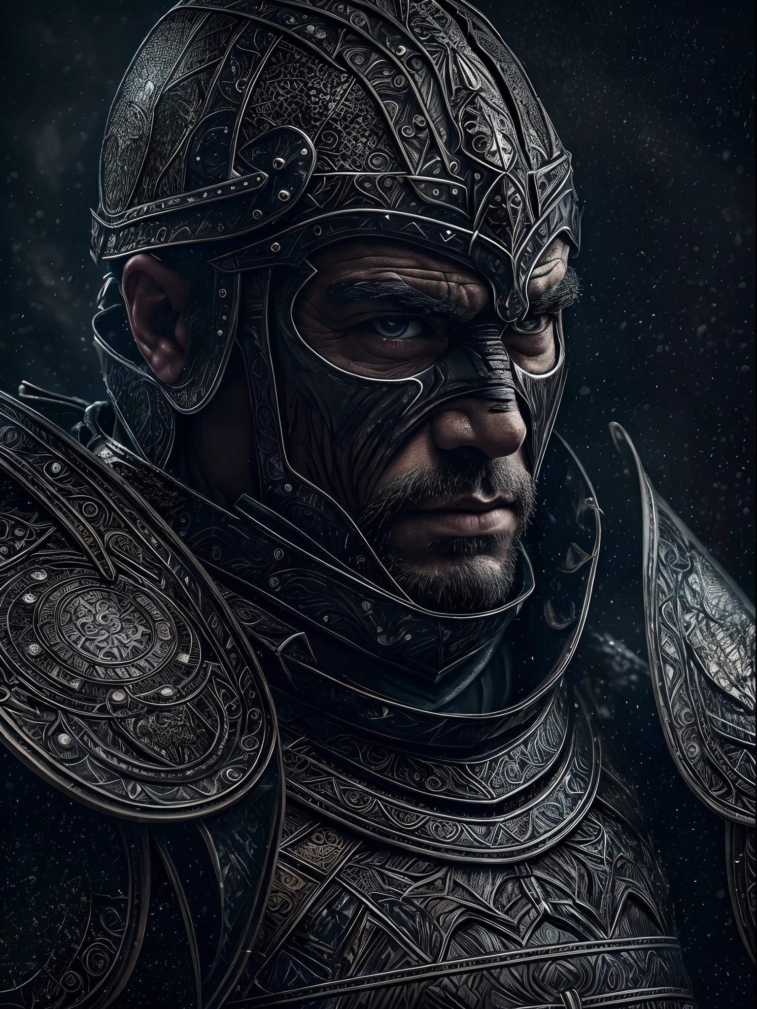 a highly detailed portrait of a man warrior with a scarred face in intricate black plate armor, mysterious dark nature background, high resolution, 4k, 8k