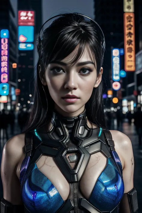 awardwinning photo, , Cyberpunk Suit, Cracked porcelain skin, A dark-haired、  vibrating, Photorealista, realist, Dramatic, murky...