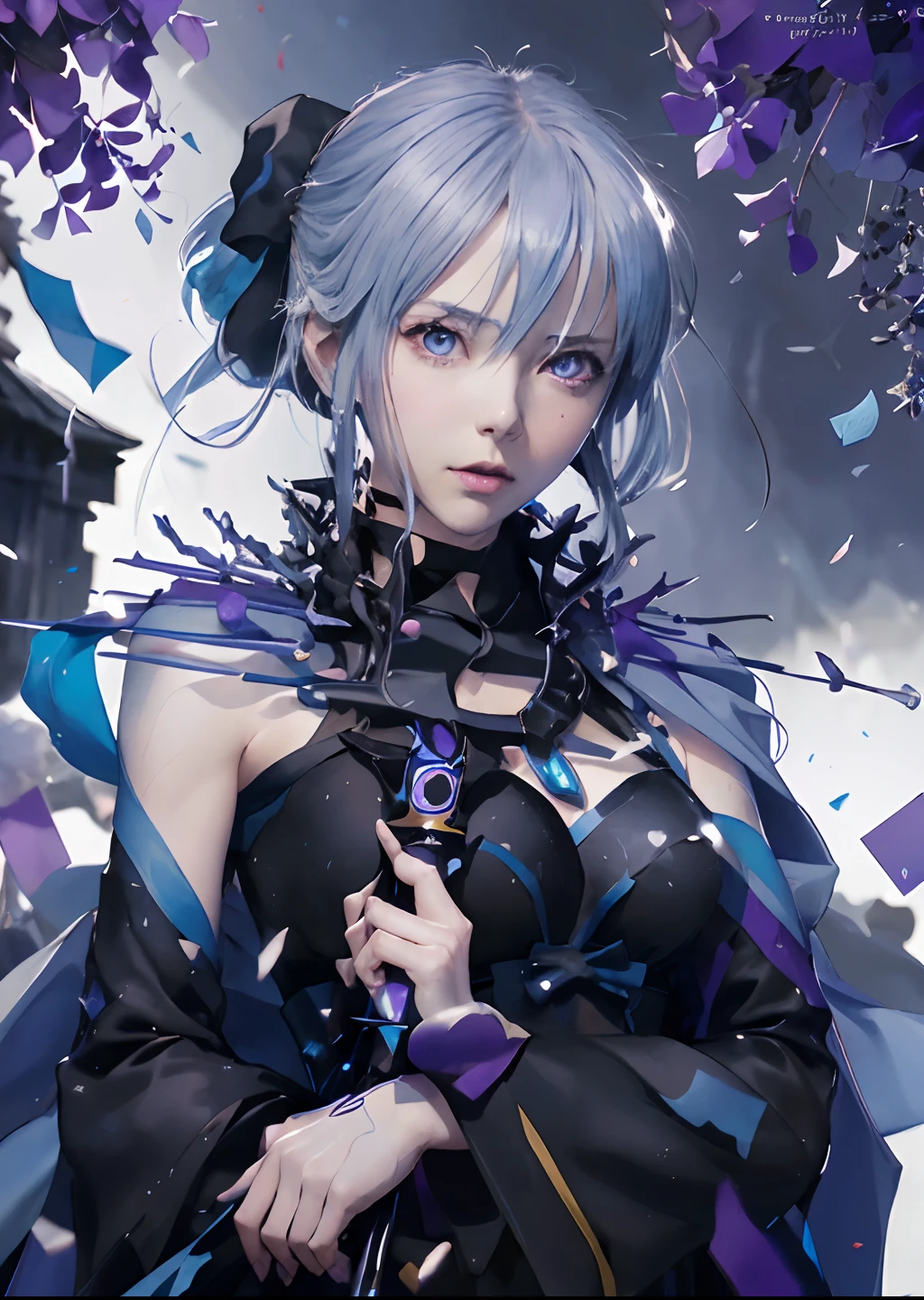 anime girl with sword in a black dress surrounded by blue and purple confetti, detailed key anime art, fate grand order, nightcore, splash art anime loli, ufotable art style, anime style like fate/stay night, best anime 4k konachan wallpaper, epic light novel art cover, anime style 4 k, anime wallaper, anime moe artstyle