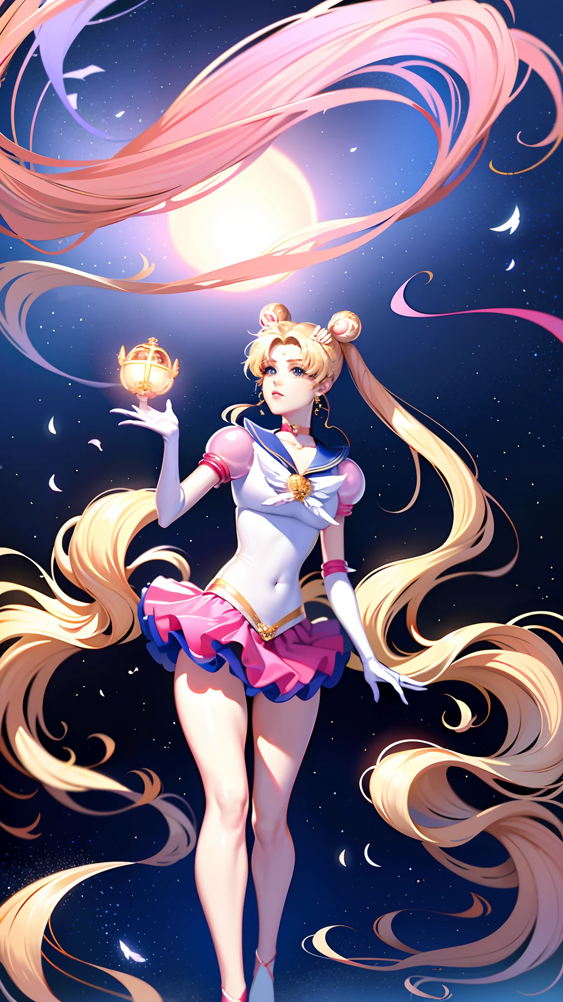 8k，RAW photos，best qualtiy，tmasterpiece：1.2），（Ultra-high resolution：1.0），A detailed illustration，A detailed，（realisticlying，Fidelity：1.37），detailed beautiful skin，the sailor moon，Osaghi, double bun hair, double tails, Parted bangs, hair adornments, crescent facial mark, jewelry, Earrings, choker necklace, puffy short sleeves, pink sleeve, heart brooch, White gloves, Elbow gloves, Layered skirt