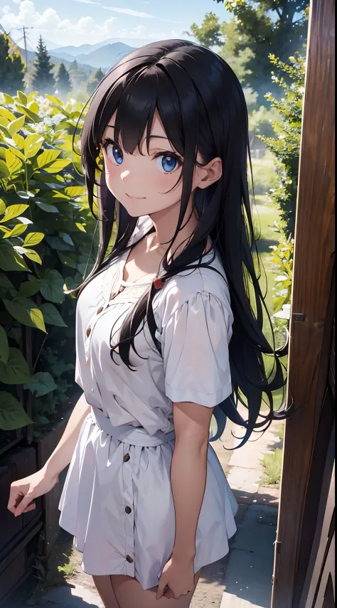 A view from above of a  beautiful girl
BRAKE
the place is dense forest and there is a spider web
BREAK
she is wearing a summer blouse with flowers and White mini skirt
BREAK
Smile features 
BREAK
black hair, blue eyes, long hair, high quality, ultra high r...