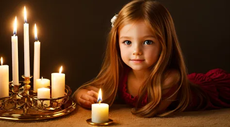 CHILDREN LONG HAIR RED HEAD GOLDEN ANGEL GIRL with candle accesses in hand.