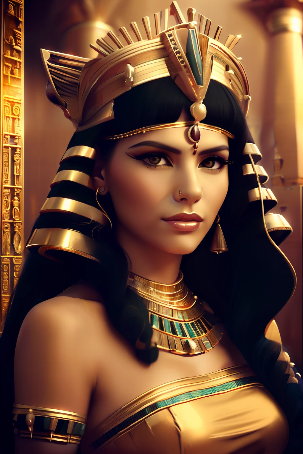 a close up of a woman wearing a gold dress and a gold headdress, cleopatra portrait, beautiful cleopatra, egyptian princess, a stunning portrait of a goddess, portrait of cleopatra, portrait of a beautiful goddess, cleopatra, gorgeous woman, egyptian, gorgeous beautiful woman, cleopatra in her palace, wearing an egyptian crown, egyptian makeup, 3 d goddess portrait, aztec princess portrait