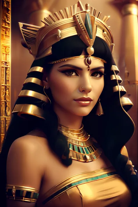 a close up of a woman wearing a gold dress and a gold headdress, cleopatra portrait, beautiful cleopatra, egyptian princess, a s...