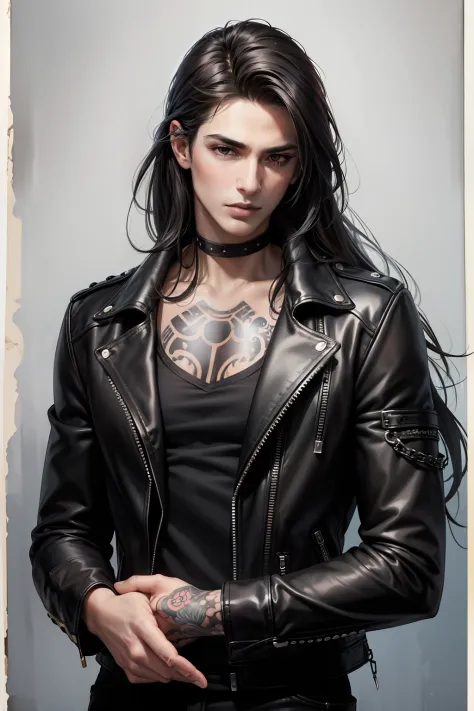 realistic man 30 years old, ((((man)))), heavy metal singer, very long straight black hair, black eyes, oval face, skinny, attractive, perfect proportions, heavy metal style, looking at viewer, fashion pose, beautiful face, black leather jacket, black chok...