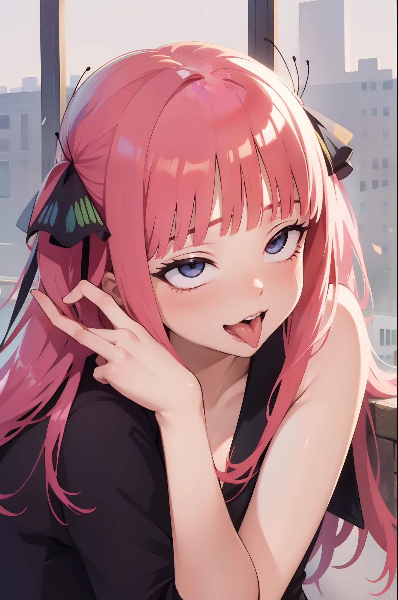 Anime girl with pink hair and butterfly on her head - SeaArt AI