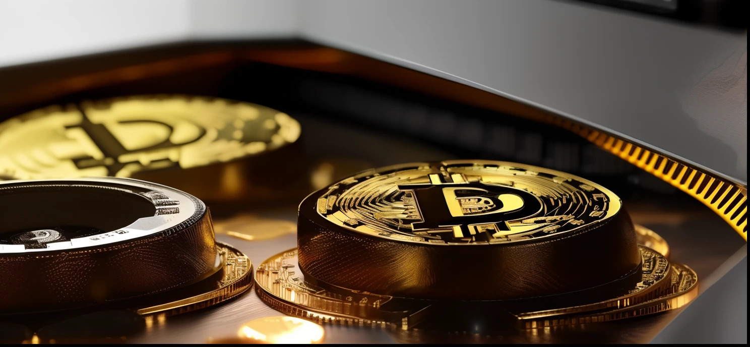 Two bitcoins sitting on top of a table next to a clock - SeaArt AI