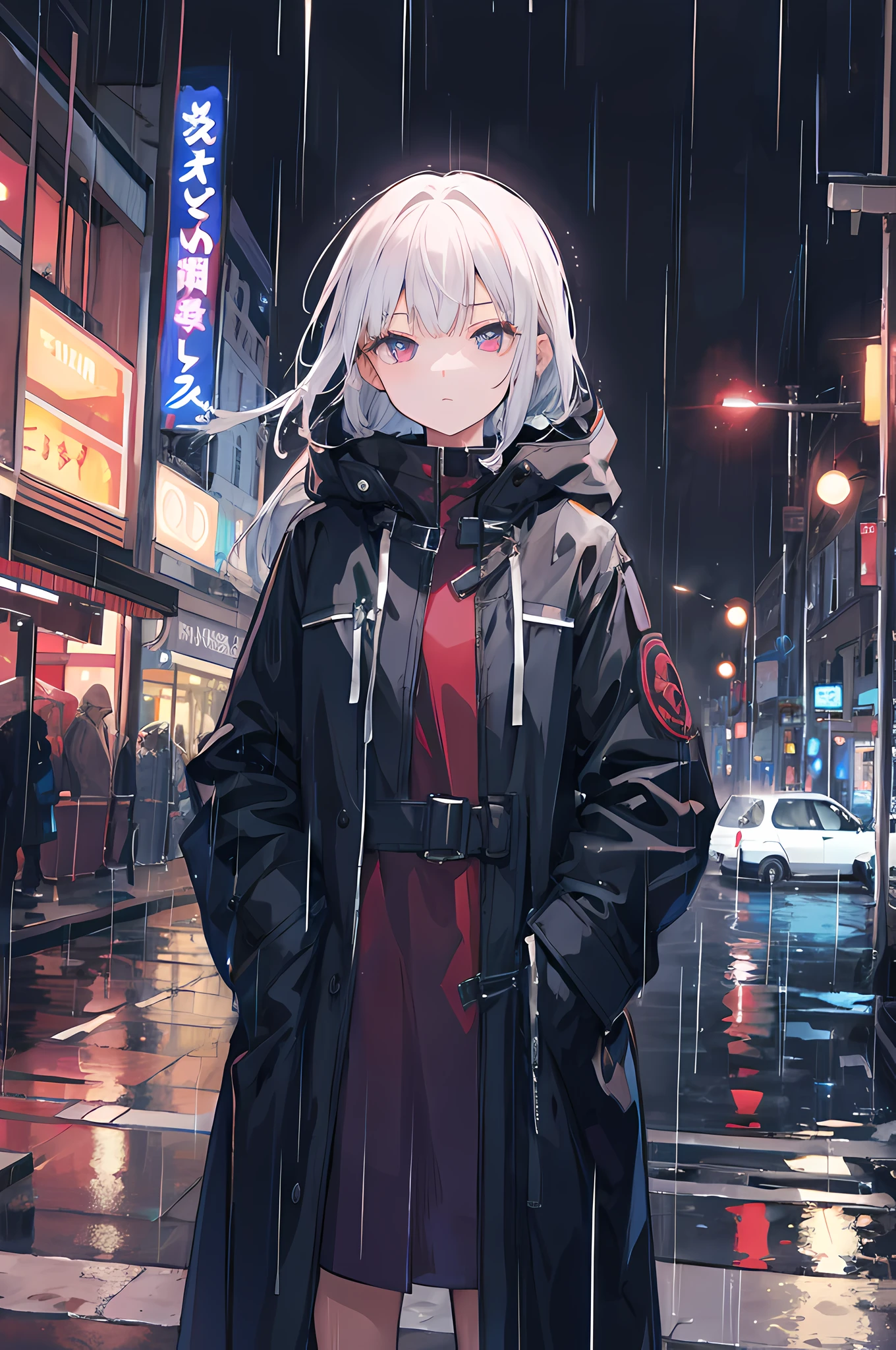 1 girl, night city, rain, coat, hands in pockets