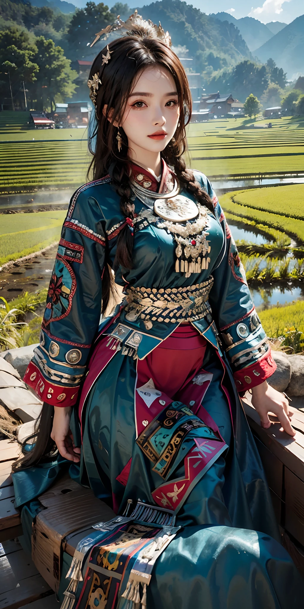 photorealistic, high resolution, soft light,1women, solo, hips up, shining skin, (detailed face), plateau,blue sky,rice fields,extreme detailed,torogao, hmong clothes, crown