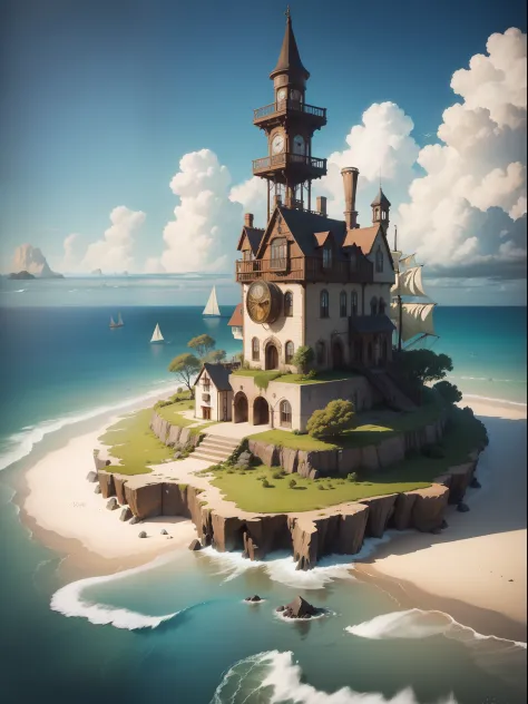 A painting of an island in the ocean, in the style of steampunk - inspired designs, 8k resolution, charming, idyllic rural scenes, elaborate facades, exotic birds, post processing, ps1 graphics