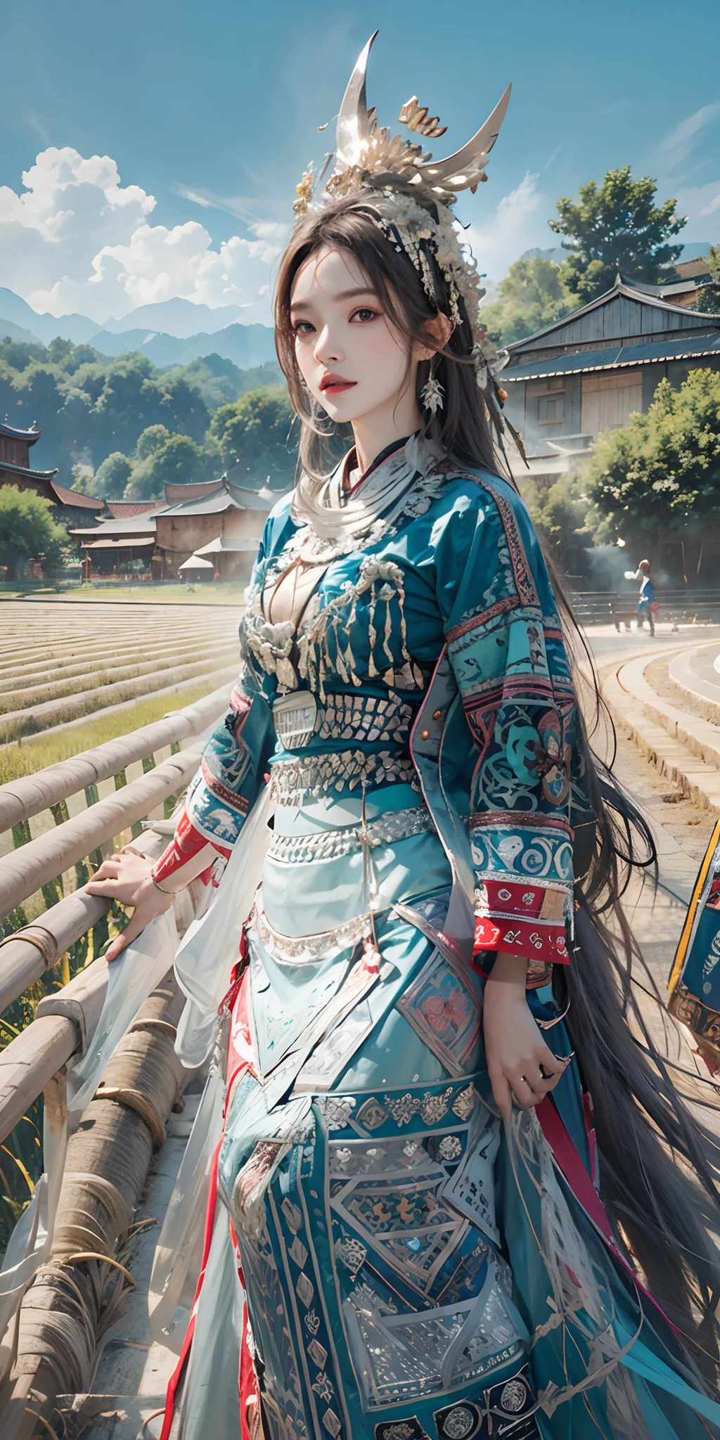 photorealistic, high resolution, soft light,1women, solo, hips up, shining skin, (detailed face), plateau,blue sky,rice fields,extreme detailed,torogao, hmong clothes, crown