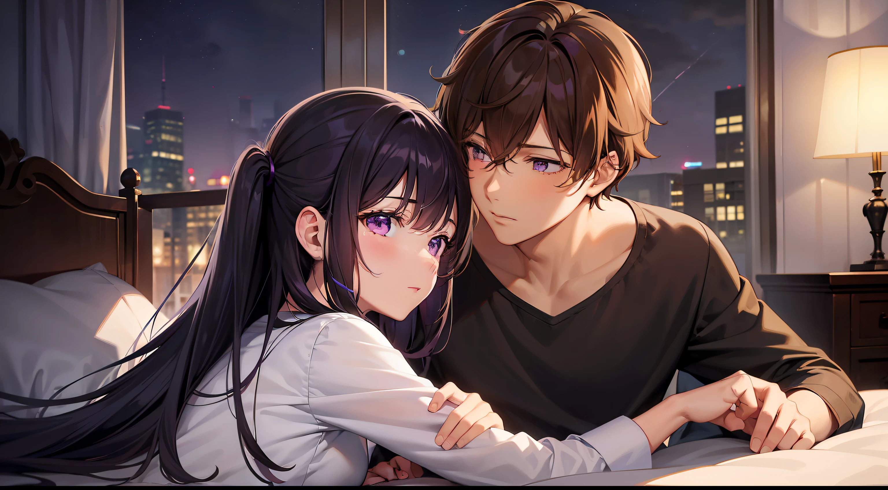 Anime couple in bed with city lights in background - SeaArt AI