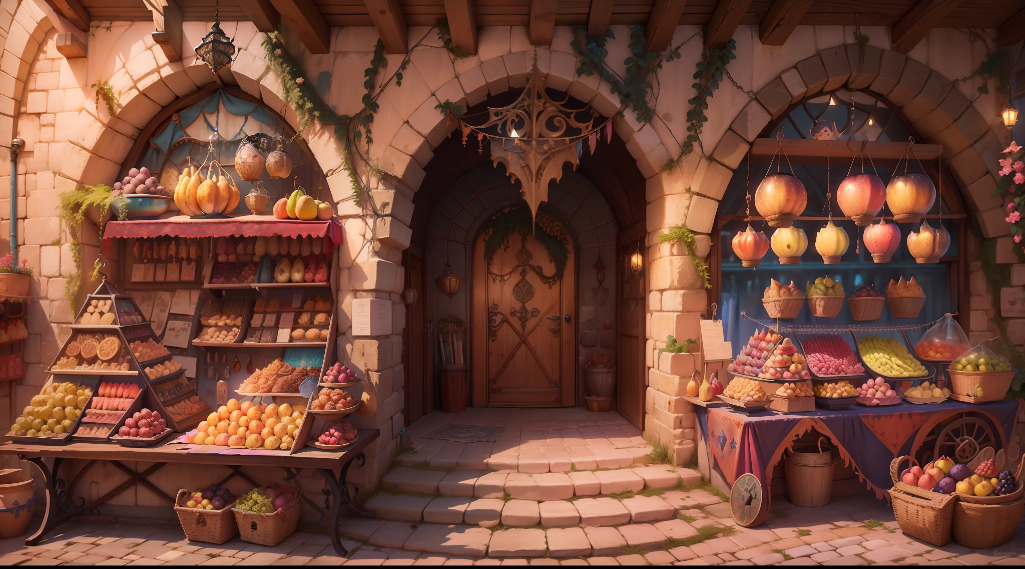 vila medieval, Barriles, justo, Comerciantes, frutas, pez, compra, medieval, paisaje, 4k, ultra detallado, Obra de arte, colores vívidos, elementos detallados,