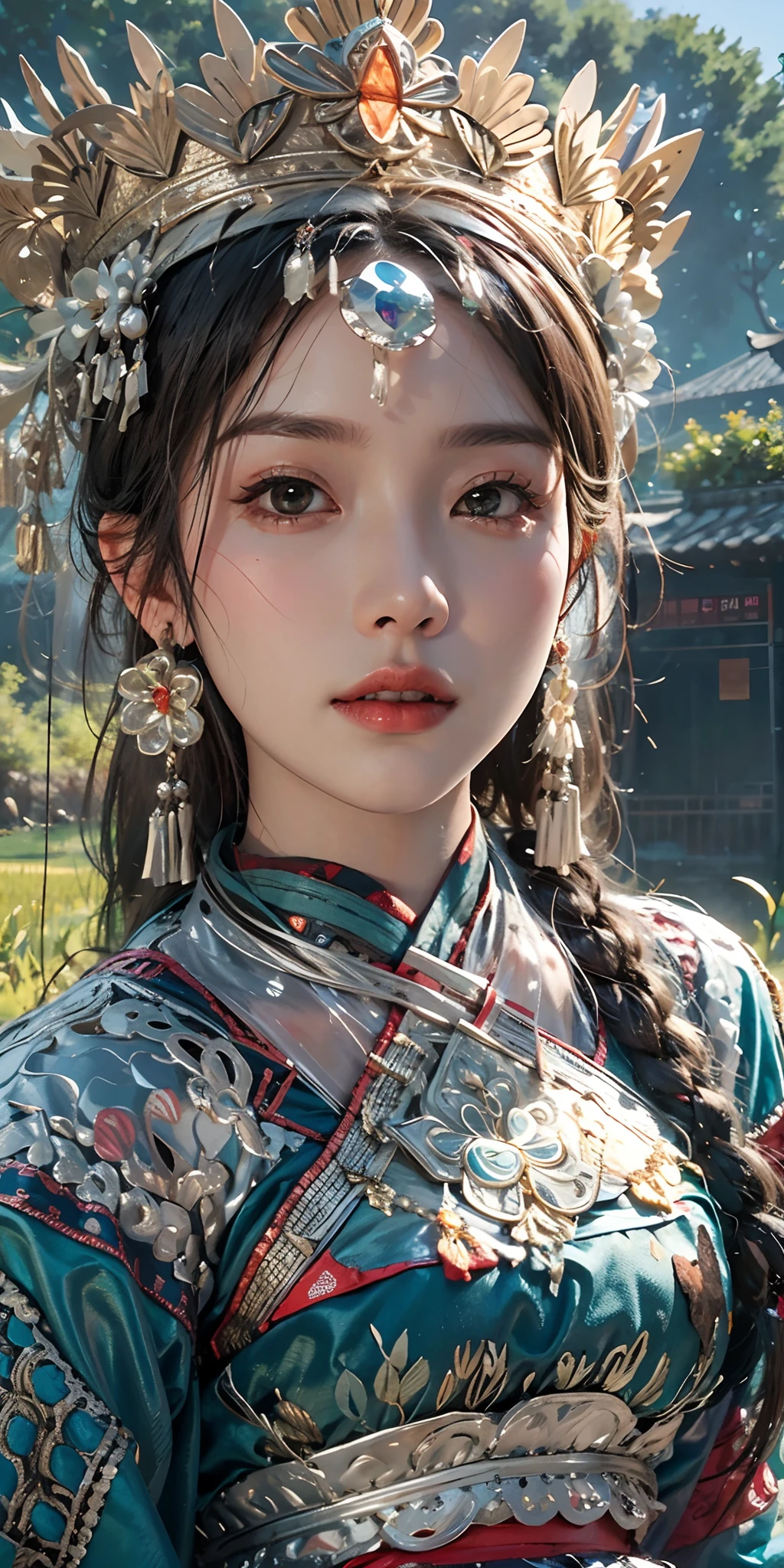 photorealistic, high resolution, soft light,1women, solo, hips up, shining skin, (detailed face), plateau,blue sky,rice fields,extreme detailed,torogao, hmong clothes, crown