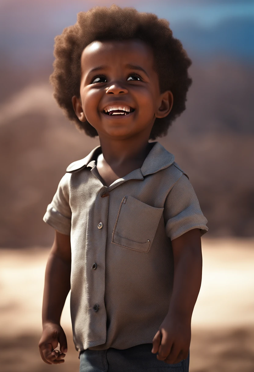 Une image détaillée d’un heureux, enfant qui rit avec les yeux ouverts, noir , Définition 8k, rendu photoréaliste, couleurs riches, avec Cinema 4D.