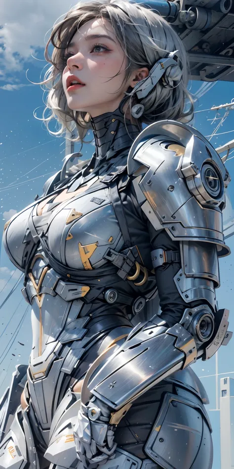 photorealistic, high resolution, soft light,1women, solo, hips up, (detailed face),blue sky, mecha armor, mechanic part