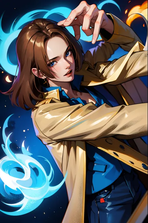 Anime boy wearing beige jacket hair split in half in dark brown tone with an aura of blue magic around him in a dark environment...