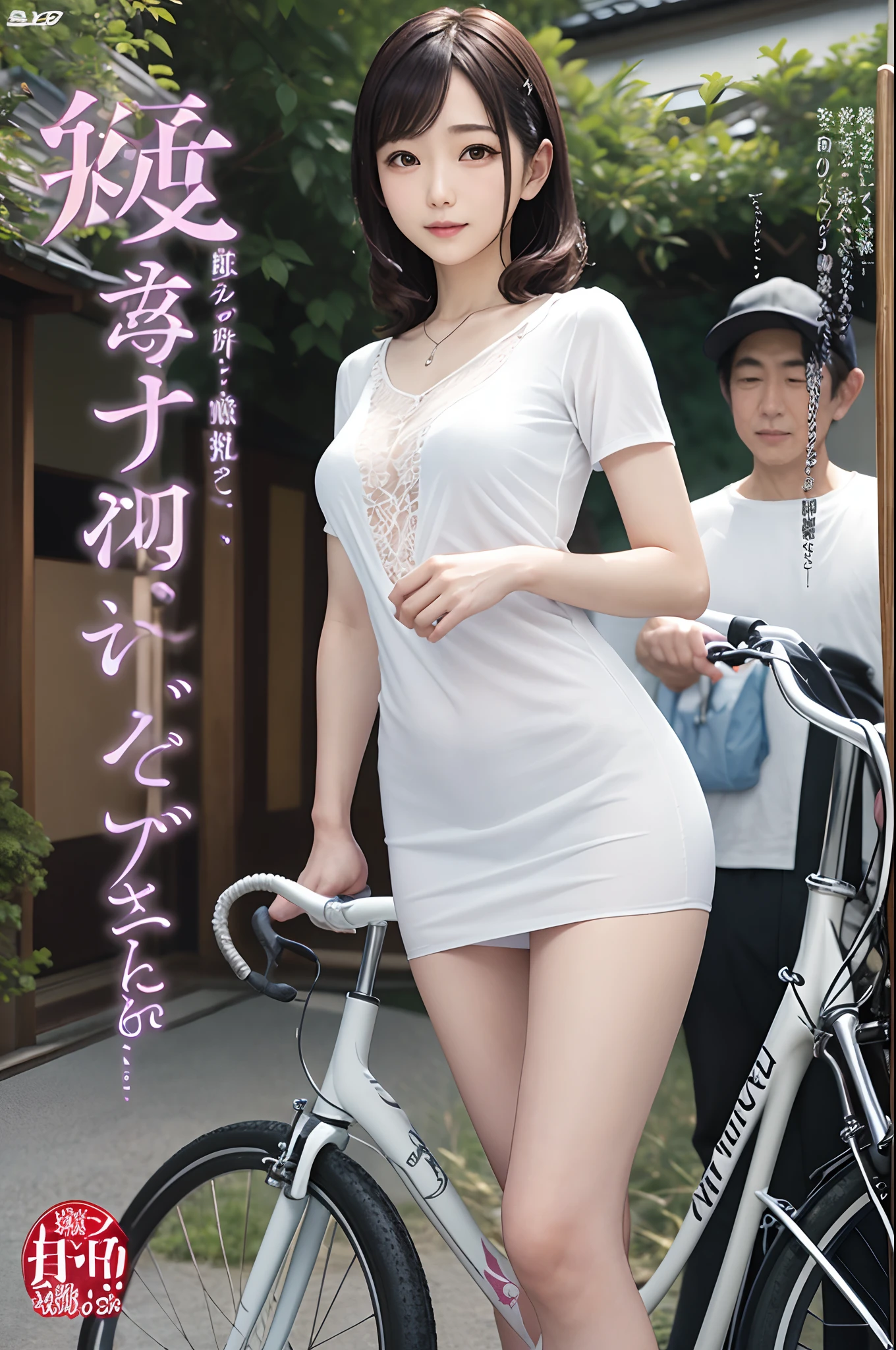 A woman in a short white dress standing next to a bicycle - SeaArt AI