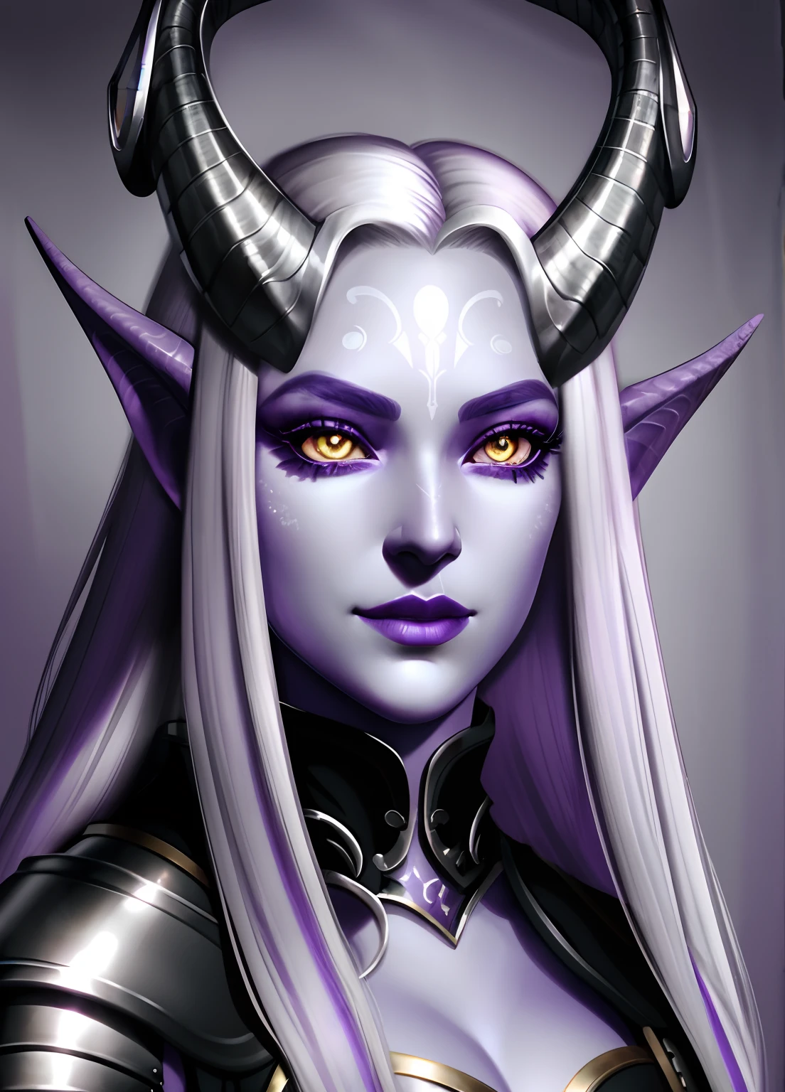 Tiefling, female, colored skin, purple skin, silver hair, long hair, attractive, beautiful, makeup, bard, music, fantasy, female tiefling, detailed eyes, perfect eyes, yellow eyes, close-up, medieval, fantasy, goat horns, dungeons and dragons, detailed face, perfect face, detailed horns, 2 horns