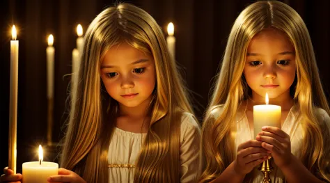 CHILDREN LONG HAIR GOLD HAIR GOLDEN ANGEL GIRL with candle accesses in hand.