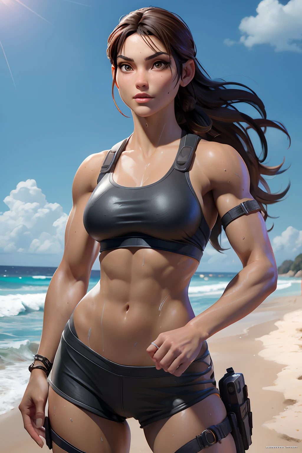 gorgeous athletic woman ("Lara Croft"), very sweat and wet skin, rollerblading with a tiny tight micro thin bikini on the beach promenade, muscular arms, muscular thighs, warm light, ray tracing, backlighting, UHD, anatomically correct, textured skin, super detail, award winning, masterpiece, 8k, best quality