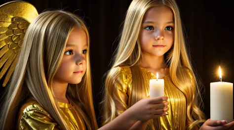 CHILDREN LONG HAIR GOLD HAIR GOLDEN ANGEL GIRL with candle accesses in hand.
