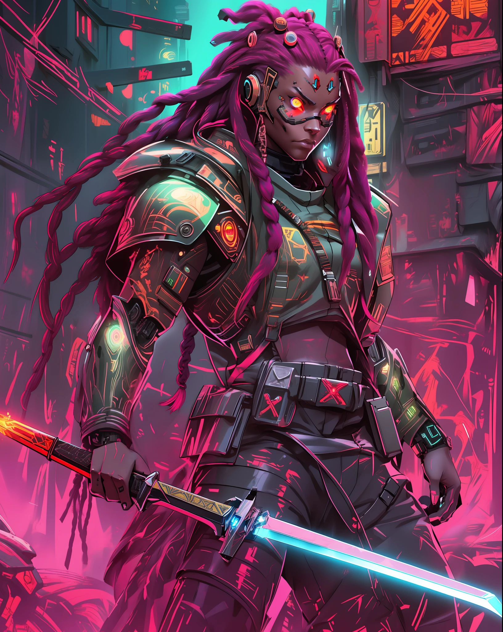 RAGE UNLEASHED, battle ready, epic, african american man cyborg soldier with dual samurai sword, red long dreadlocks, glowing neon X eyes, with shot gun on the side, heavy mecha armor, cybernetic, cyberpunk, colourful japanese stickers on armor, on planet venus, wasteland, apocalypse, baren venus planet, cinematic, volume lighting
