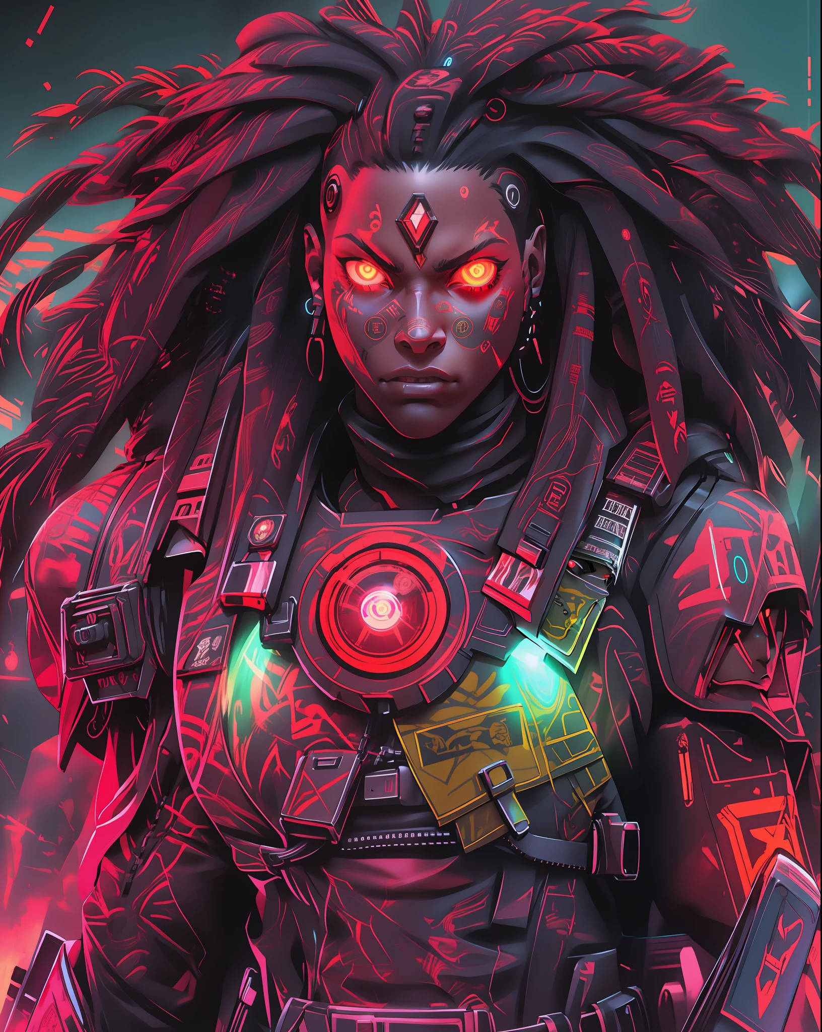 FURIA DESATADA, listo para la batalla, épico, Hombre afroamericano Soldado cyborg con doble espada samurai, rastas largas rojas, brillantes ojos X de neón, con escopeta en el lateral, armadura mecha pesada, cibernético, ciberpunk, Coloridas pegatinas japonesas en la armadura, en el planeta venus, yermo, apocalipsis, Planeta Venus Baren, cinematográfico, Iluminación de volumen