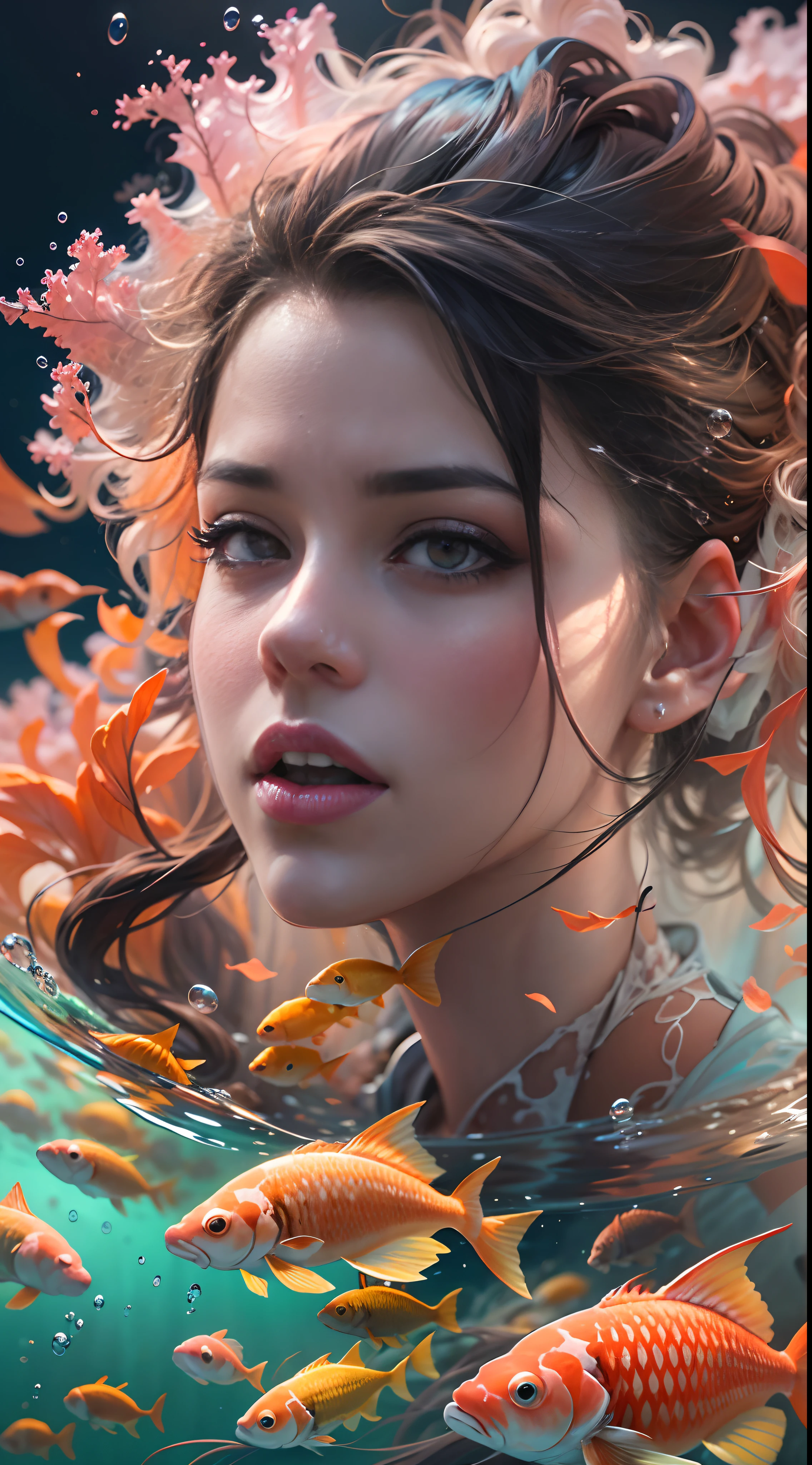 modelshoot style, (extremely detailed CG unit 8k wallpaper), A chaotic storm of intricate liquid smoke in the head, Stylized abstract portrait of pretty, skin wet,Koi，Koi bonito | |，Bandas Koi,carp，Strangely shaped corals，Ocean floor，Beautiful coral reef in the background，rockery,Marine life，colorful coral reef,Decorate with coral reefs,author：Petros Afshar, ross tran, Tom Baleia, peter mohrbacher, art germ, vidro quebrado, ((bubbly underwater scenery)) The octane rendering of radiant light is highly detailed, inspired by Yanjun Cheng, beautiful digital art, Guviz-style artwork, Highly detailed 8K digital art, Beautiful digital illustration, detailed digital art cute, stunning digital illustration, a beautiful artwork illustration, exquisite digital illustration,Detailed 8K digital art,
