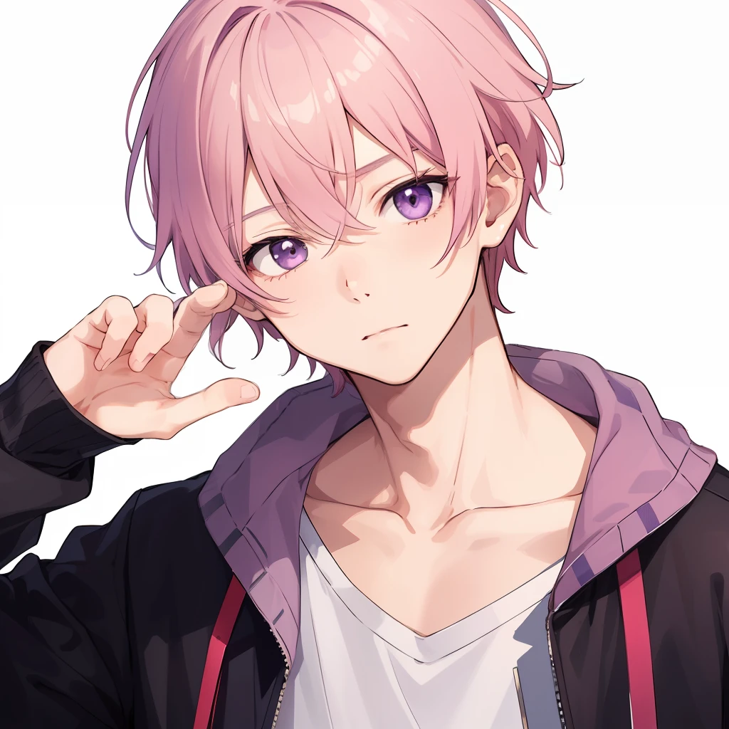 1 boy, masculine、very short pink-haired、purple eyes、neutral expression, loose male clothing