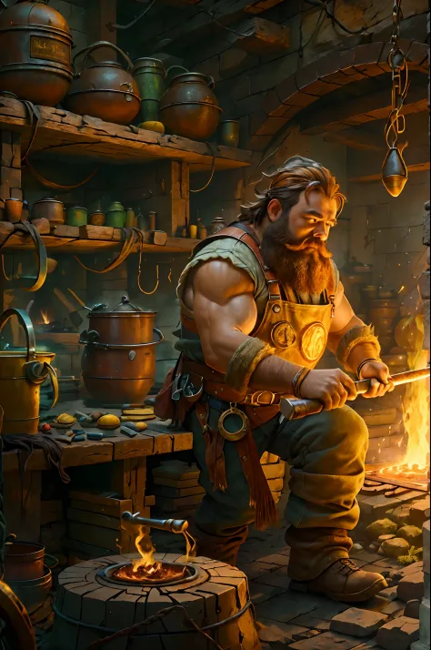 high details, best quality, 16k, RAW, [best detailed], masterpiece, best quality, (extremely detailed), full body, ultra wide shot, photorealistic, fantasy art fantasy_world, RPG art, D&D art, a picture of a dwarf working at his forge (besr details, Master...
