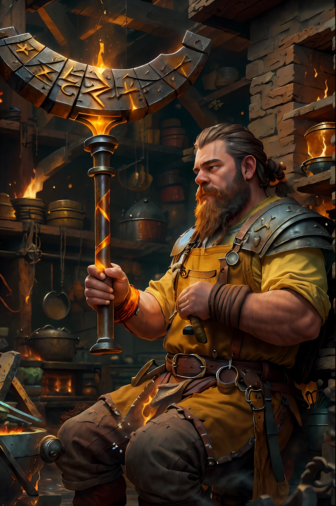 high details, best quality, 16k, RAW, [best detailed], masterpiece, best quality, (extremely detailed), full body, ultra wide shot, photorealistic, fantasy art fantasy_world, RPG art, D&D art, a picture of a dwarf working at his forge (besr details, Masterpiece, best quality), fantasy male dwarf (best details, Masterpiece, best quality), working his forge (best details, Masterpiece, best quality), brown hair, dynamic eyes color, ultra detailed face (best details, Masterpiece, best quality), long beard, brown beard, muscular arms, wearing smith apron, holding a hammer in hand, hammer has yellow magical runes, shining GlowingRunes_yello yellow runes (best details, Masterpiece, best quality), working the forge (best details, Masterpiece, best quality), fiery forge (best details, Masterpiece, best quality), crafting magical metalic sword, dwarven smithy and fiery orange forge background, fiery red and yellow and orange shadow and light of a fiery orange (best details, Masterpiece, best quality), High Detail, Ultra High Quality, High Resolution, 16K Resolution, Ultra HD Pictures, Ultra Realistic, Clear Details, Realistic Detail, Ultra High Definition