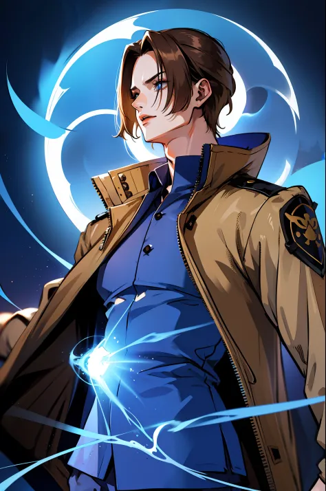 Anime boy wearing beige jacket hair split in half in dark brown tone with an aura of blue magic around him in a dark ambient set...