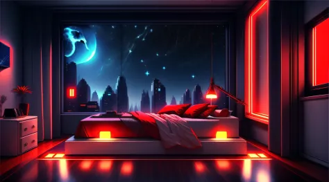 Warm Light Source Technology Cyberpunk Mechanical Minimalism Deconstructivism Bedroom Background Image Floor-to-ceiling windows Bright fluorescent Starry Sky Armor Artificial Intelligence Starry Sky Cold Light Source Only One Bed Few Red Light Sources Fox ...