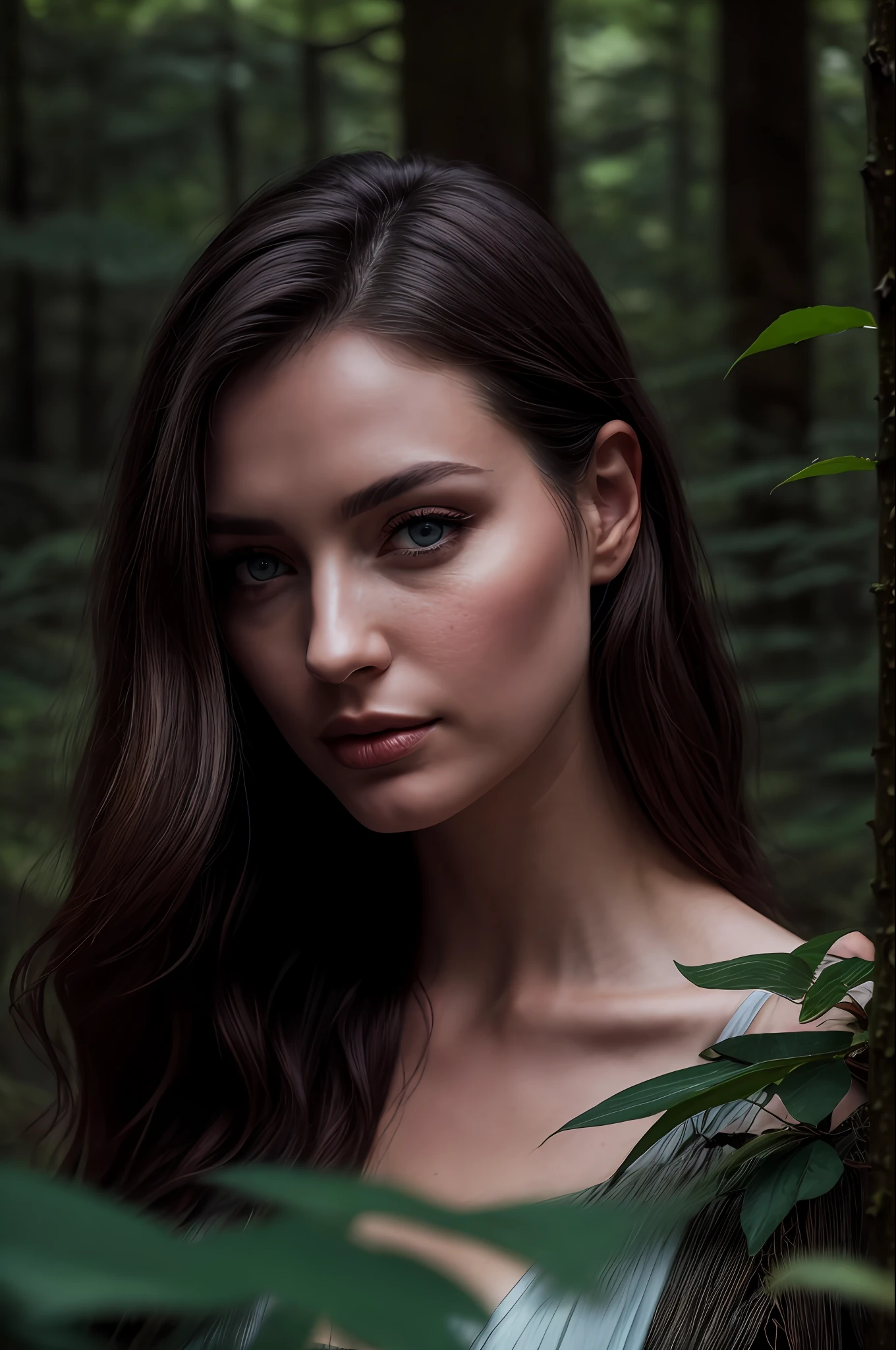 a photo of a seductive woman with loose styled dark blonde hair, posing in a forest, bored, she is wearing Crop Top and a Pencil skirt, mascara, , (textured skin, skin pores:1.1), (moles:0.8), (imperfect skin:1.1) intricate details, goosebumps, flawless face, (light freckles:0.9), ((photorealistic):1.1), (raw, 8k:1.2), dark, muted colors, slate atmospheres. Her piercing blue eyes seem to pierce through the camera lens, captivating anyone who gazes upon the photo. The way she holds herself with confidence and a hint of mystery adds to her allure. The sunlight filtering through the trees casts a mesmerizing dappled effect on her figure, creating an enchanting atmosphere. As she stands amidst the lush greenery, her presence commands attention, as if she is a queen of the forest. The photo captures a moment frozen in time, where beauty and nature intertwine seamlessly. Her expression, a mix of longing and contemplation, invites viewers to wonder about the thoughts that occupy her mind. Is she yearning for an adventure beyond the confines of the forest? Or is she lost in a world of her own, finding solace in the serenity of nature? The photo's composition, with the woman placed off-center, adds a touch of unconventional beauty to the scene. It challenges the viewer's expectations and draws them further into the captivating narrative of the image. The subtle play of light and shadow on her face highlights her delicate features, emphasizing the ethereal quality of her presence. The forest, with its dense foliage and towering trees, provides a dramatic backdrop that enhances the enigmatic aura surrounding the woman. It is as if the forest itself is in awe of her, bending to her will and offering itself as a stage for her captivating presence. In this photo, the woman becomes a symbol of untamed beauty and allure, capturing the essence of femininity in its most captivating form.