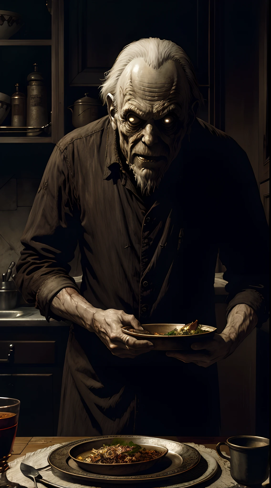 " En el plato, Pintura de Beksinsky, Bernie Wrightson, tendencia en artstation, horrorporn film, creepypasta"