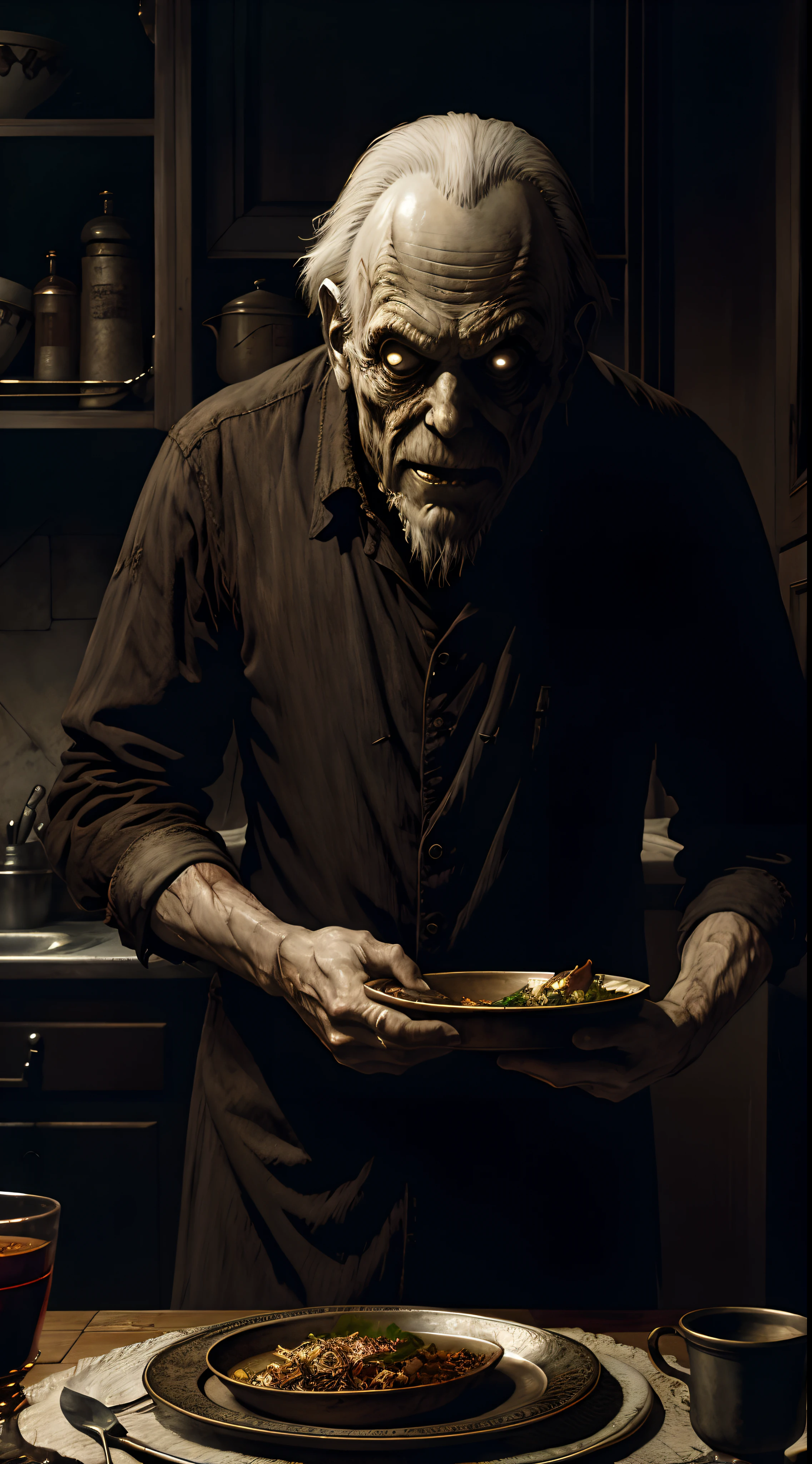 " On the plate, Painting by Beksinsky, Bernie Wrightson, Trending on ArtStation, horrorporn film, creepypasta"