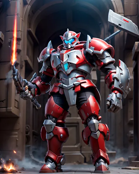 elf, heavy armored, mech, cannons, red and silver, Masterpiece, Best Quality
