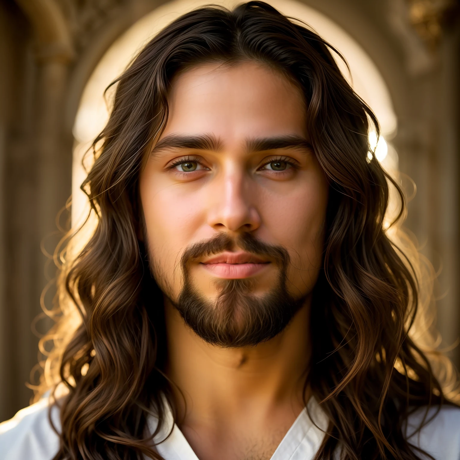 looking at camera,Pandora's Pastry Pub background, full face,Jesus of Nazareth is depicted in the image as a compassionate and gentle figure with shoulder-length, wavy brown hair cascading over his shoulders. His mesmerizing hazel eyes convey a profound sense of wisdom and empathy, radiating warmth and understanding. A serene smile graces his lips, illuminating his face with an otherworldly tranquility. He wears a simple, flowing robe of earthy tones, accentuated by intricate stitching along the edges, symbolizing humility and modesty. His outstretched arms bear the marks of crucifixion, reminding viewers of his ultimate sacrifice for humanity. The background reveals a serene landscape, bathed in a soft, ethereal glow, evoking a sense of divine presence. The image captures the essence of Jesus, portraying him as a beacon of love, forgiveness, and divine grace.((looking at camera))(extremely detailed face), (extremely ultradetailed eyes, extremely ultradetailed hair, extremely detailled