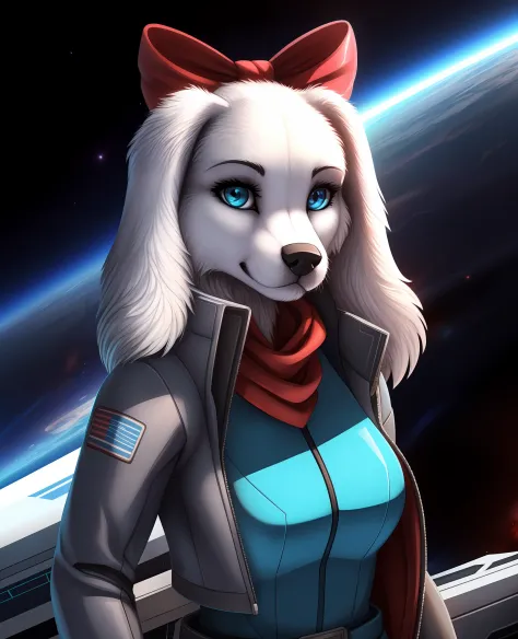 fayspaniel, furry female anthro, portrait, close-up, red bow, aqua jumpsuit, cropped jacket, grey jacket, red scarf, belt, solo,...