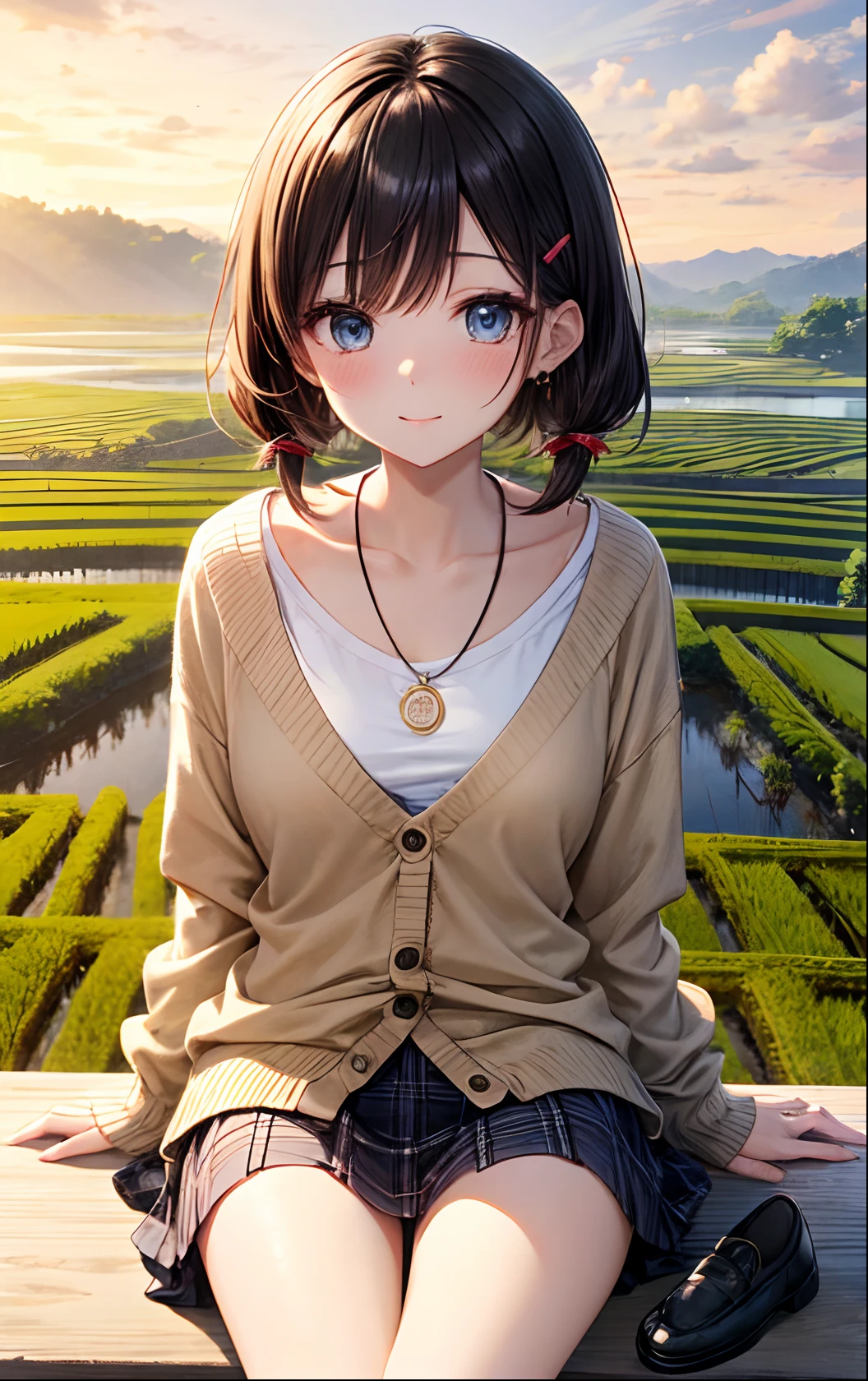 absurderes, (solo:1.5,)Ultra-detail,bright colour, extremely beautiful detailed anime face and eyes, view straight on, ;d, shiny_skin,25 years old, Short hair, , asymmetrical bangs, Blonde hair with short twin tails, Shiny hair, delicate beautiful face, red blush、(blue eyes), White skin, hair clips, earrings,Brown cardigan、White inner、Black loafers、Argyle check skirt、Blushing、Aimei、early evening、Lots of rice fields、Big sunset、Orange view、Small necklace、