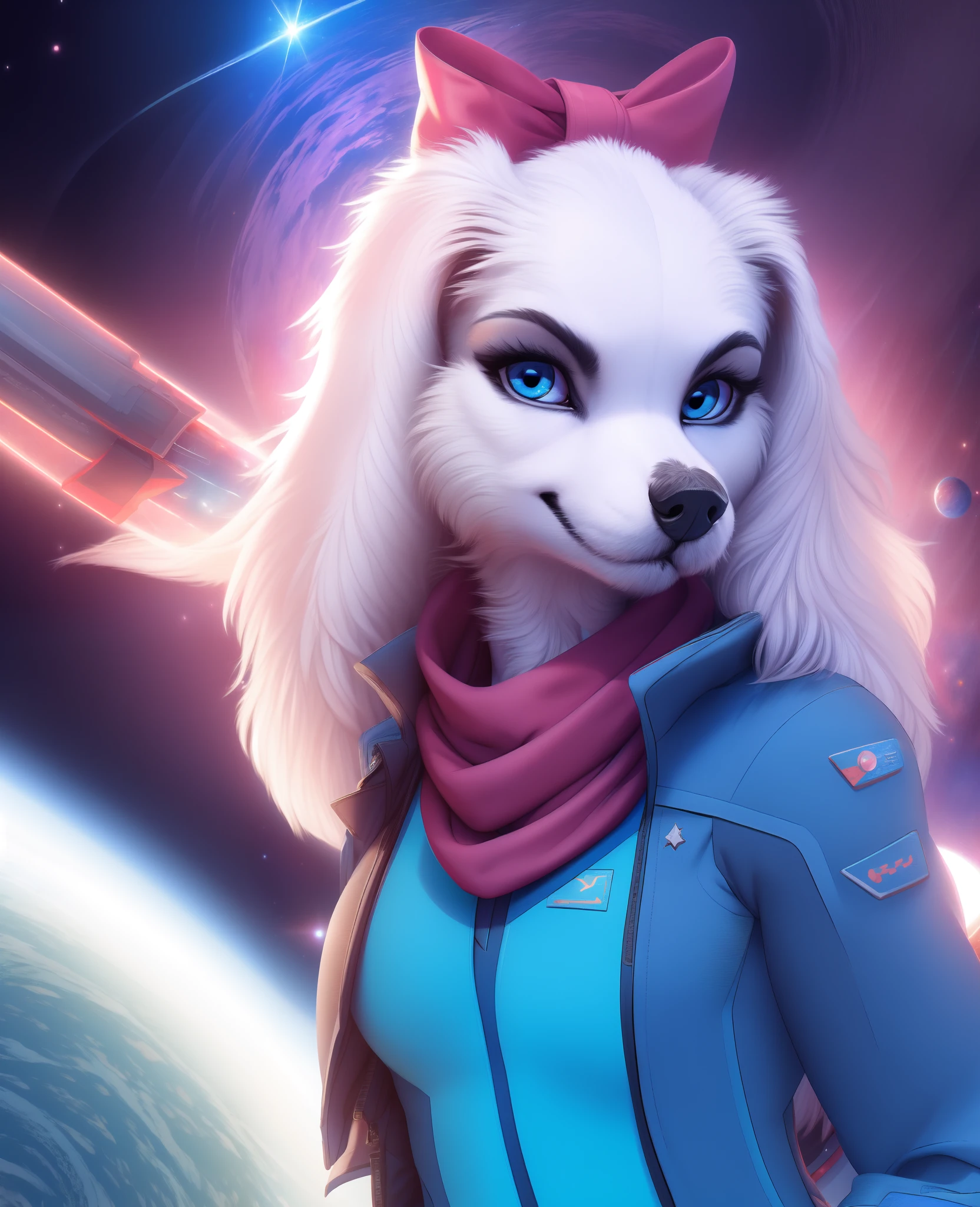 fayspaniel, furry female anthro, portrait, close-up, red bow, aqua jumpsuit, cropped jacket, grey jacket, red scarf, belt, solo, (body fur:1.2), (best quality), (detailed space jet background:1.2), dramatic lighting, (detailed fluffy fur:1.1), looking at viewer,  medium breasts,  white ears,