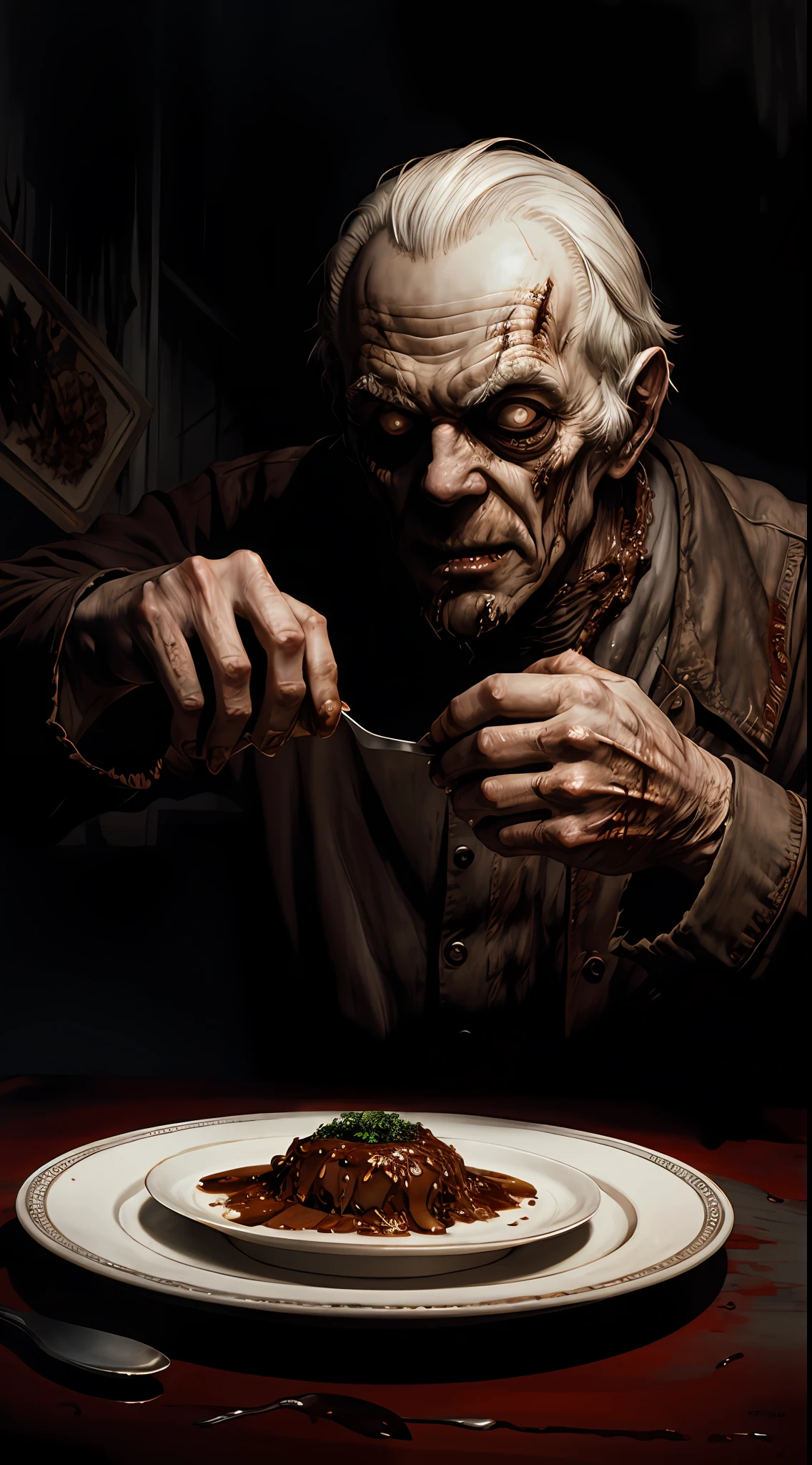 "  Comida asquerosa en el plato, Pintura de Beksinsky, Bernie Wrightson, tendencia en artstation, horrorporn film, creepypasta"