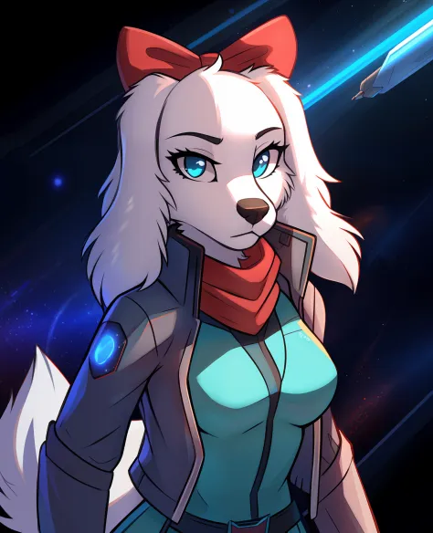 fayspaniel, furry female anthro, portrait, close-up, red bow, aqua jumpsuit, cropped jacket, grey jacket, red scarf, belt, solo,...