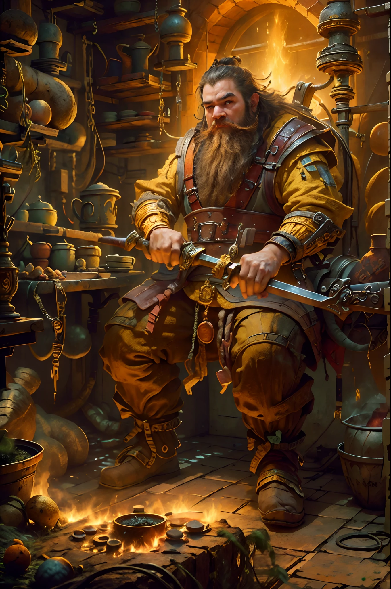 high details, best quality, 16k, RAW, [best detailed], masterpiece, best quality, (extremely detailed), full body, ultra wide shot, photorealistic, fantasy art fantasy_world, RPG art, D&D art, a picture of a dwarf working at his forge (besr details, Masterpiece, best quality), fantasy male dwarf (best details, Masterpiece, best quality), working his forge (best details, Masterpiece, best quality), brown hair, dynamic eyes color, ultra detailed face (best details, Masterpiece, best quality), long beard, brown beard, muscular arms, wearing smith apron, holding a hammer in hand, hammer has yellow magical runes, shining GlowingRunes_yello yellow runes (best details, Masterpiece, best quality), working the forge (best details, Masterpiece, best quality), fiery forge (best details, Masterpiece, best quality), crafting magical metalic sword, dwarven smithy and fiery orange forge background, fiery red and yellow and orange shadow and light of a fiery orange (best details, Masterpiece, best quality), High Detail, Ultra High Quality, High Resolution, 16K Resolution, Ultra HD Pictures, Ultra Realistic, Clear Details, Realistic Detail, Ultra High Definition