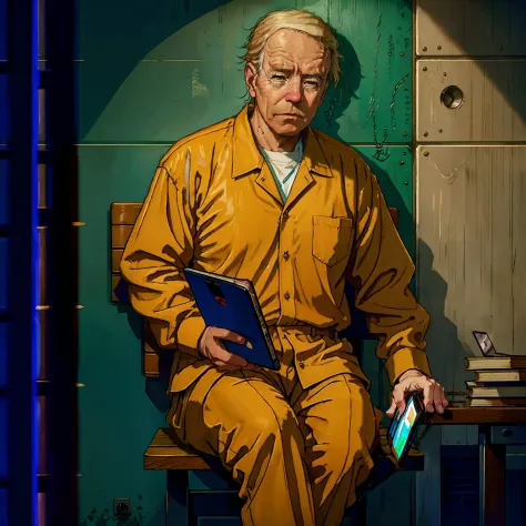 arafed man in orange prison uniform sitting on bench reading a book, sitting in a prison, sitting in a dark prison cell, donald ...